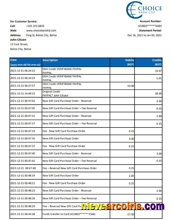 Belize Choice Bank statement